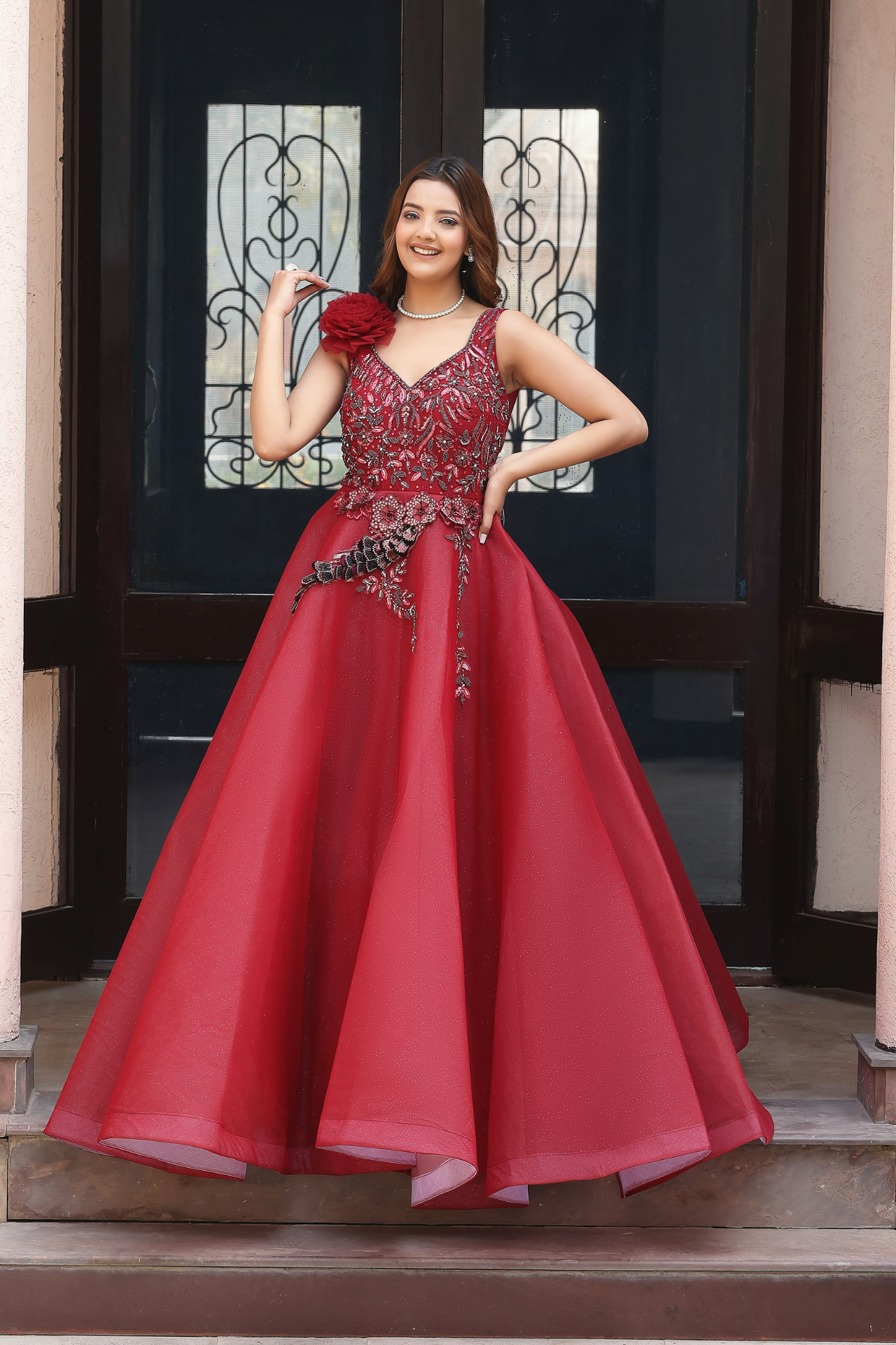 Warm Maroon Elegant Looking Ball Gown - Main Image