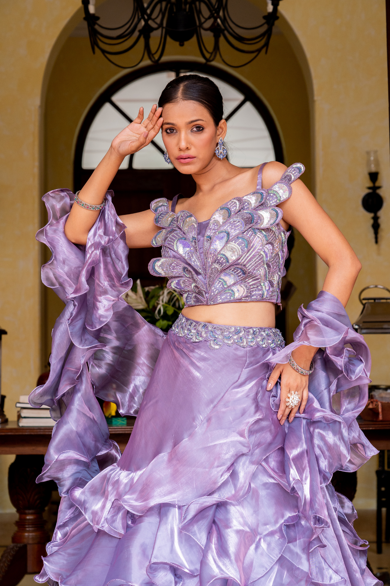 Dark Wine Designer Ruffle Lehenga
