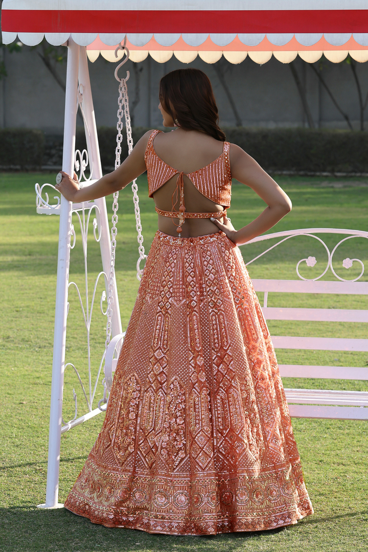 Classic Orange Beautifully Embroidered Orange Lehenga