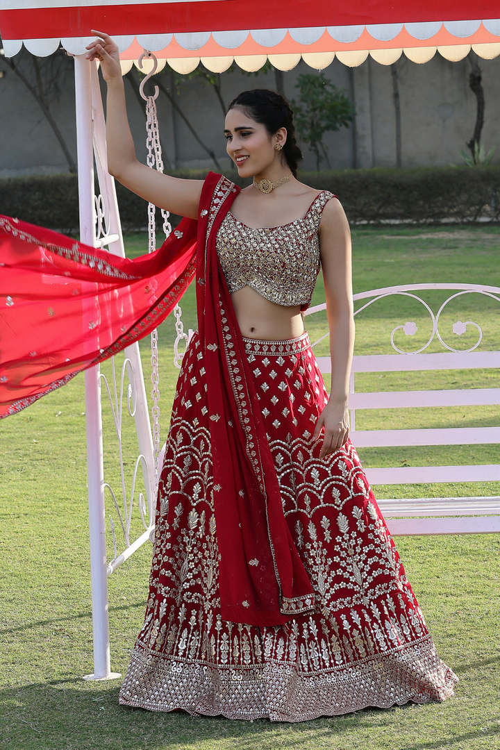 Red Embroidered Lehenga