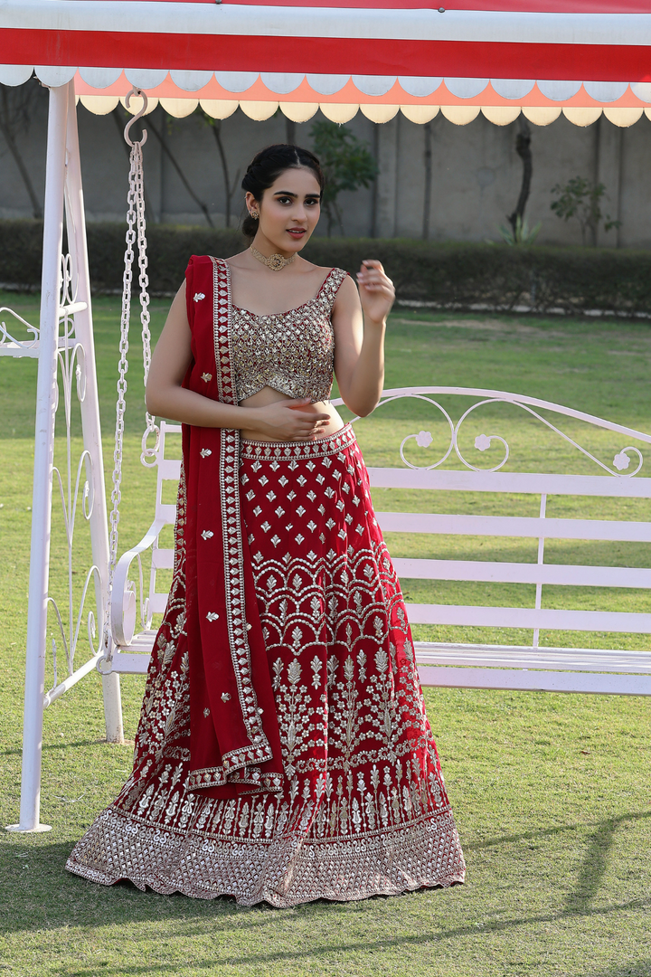 Red Embroidered Lehenga