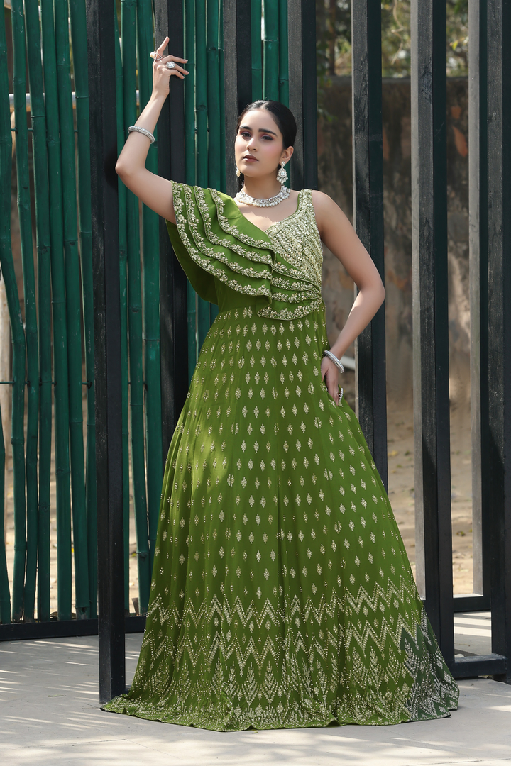 Olive Green Lehenga Choli With One Side Cape