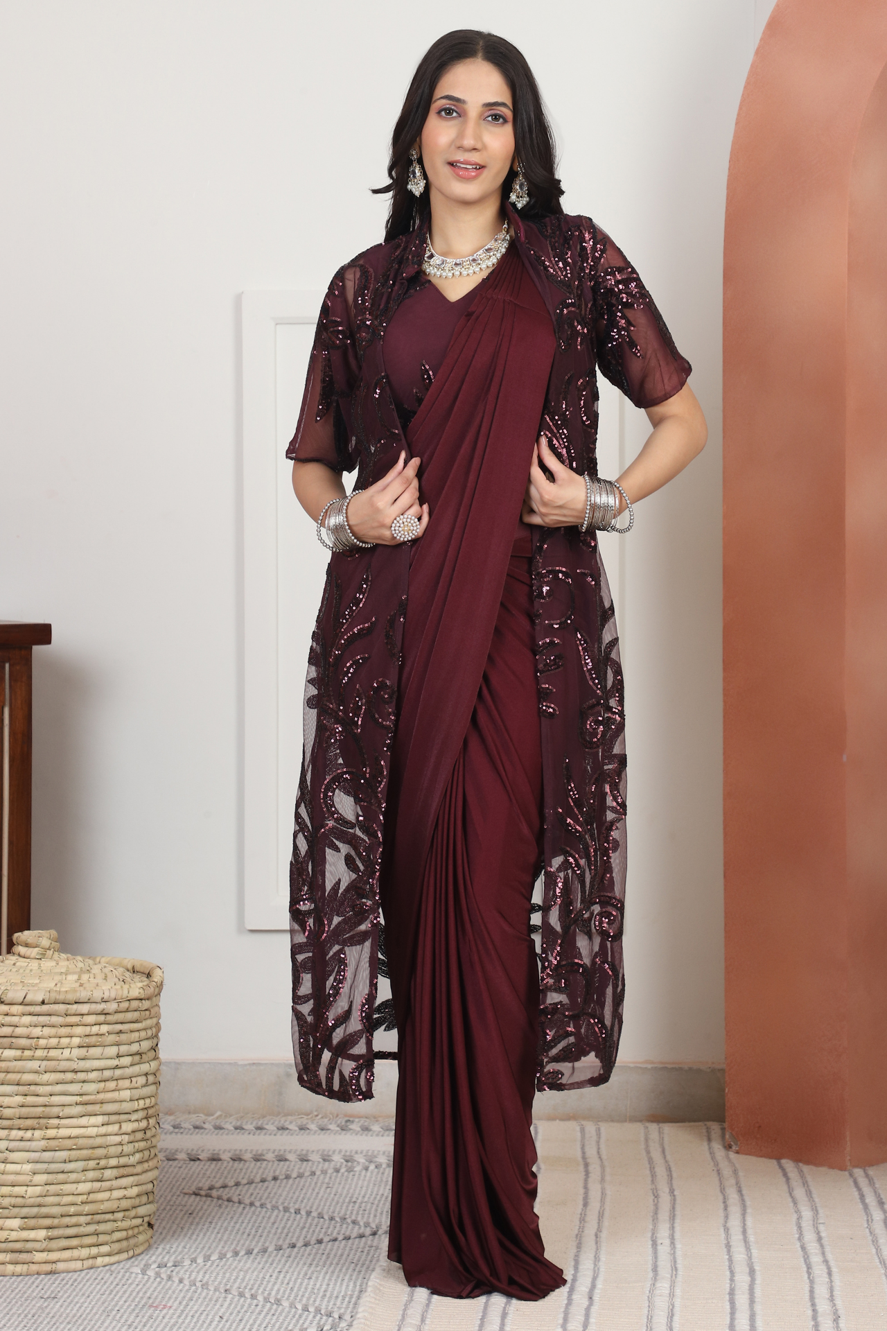 Royal Enigma Drape Saree with shrug pattern