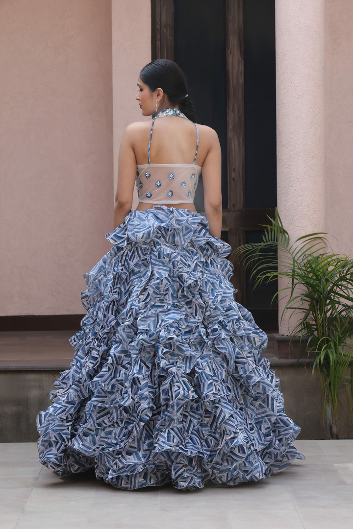 Greyish Blue Embroidered Exclusive Ruffle Lehenga