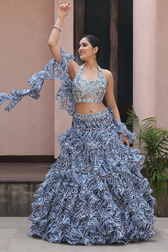 Greyish Blue Embroidered Exclusive Ruffle Lehenga