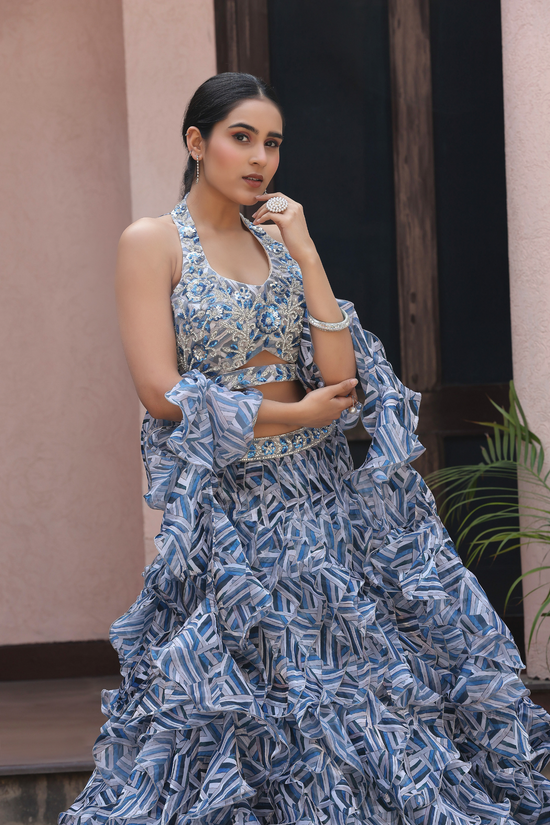 Greyish Blue Embroidered Exclusive Ruffle Lehenga