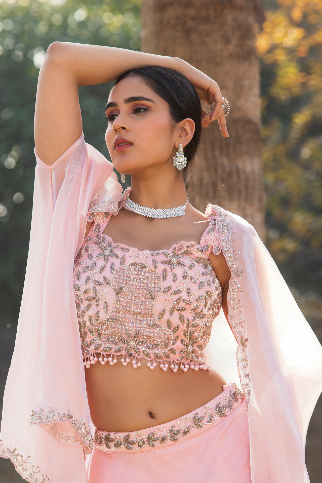 Rustic Peach Blush Shrug With lehenga choli