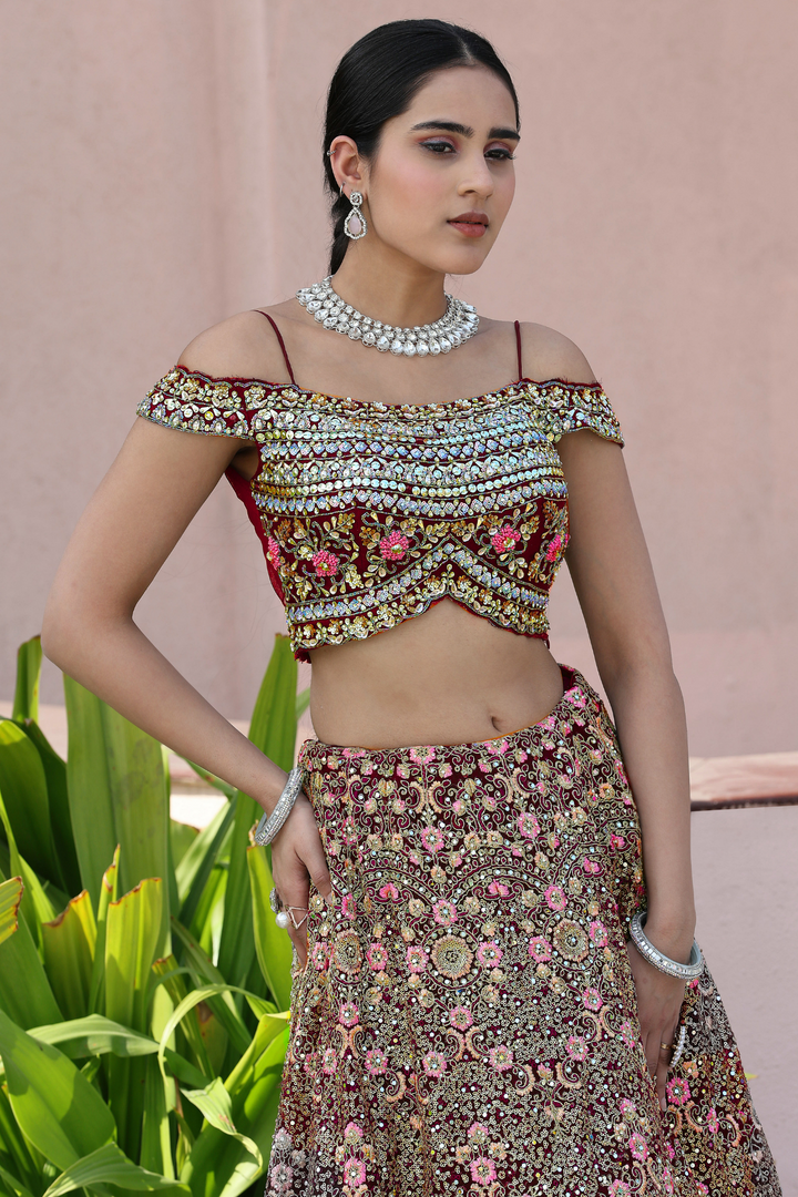 Wine Embroidered Lehenga Choli