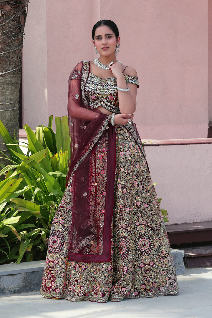 Wine Embroidered Lehenga Choli